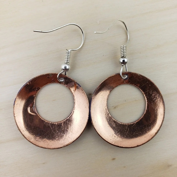 HANDMADE Dangle Earrings Mexican Copper Hand Painted Purple Floral Multicolor - Picture 2 of 5